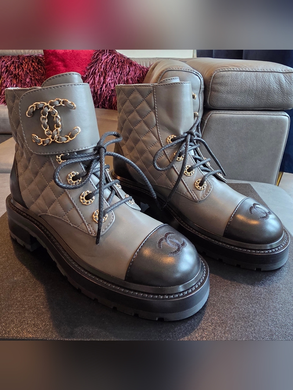 Chanel 21A Quilted Leather Combat Boots in Gray Size 36